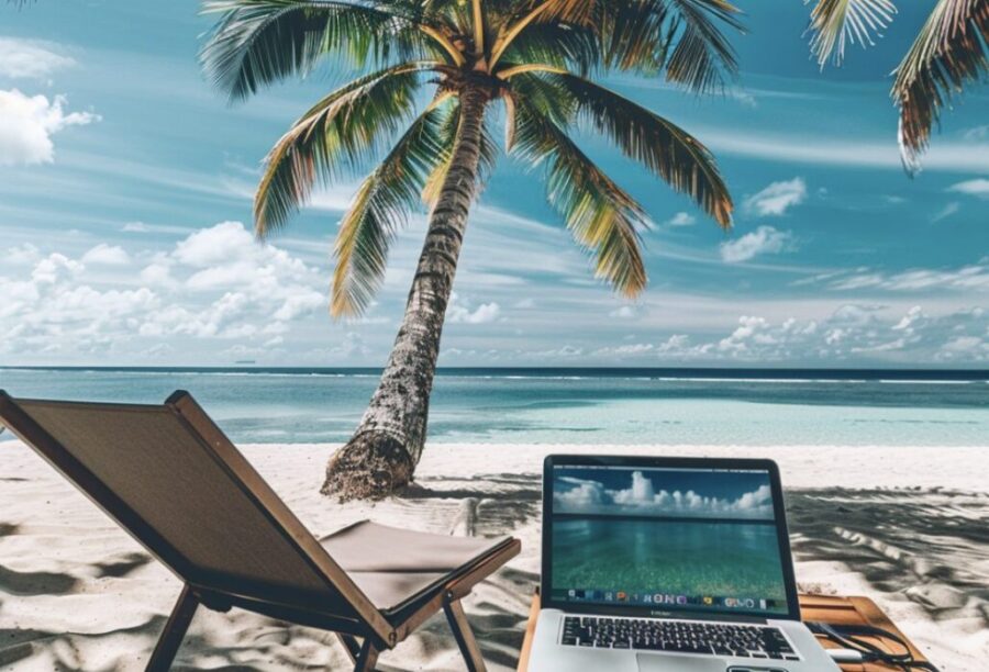 a laptop and smartphone on a tropical beach surrounded by palm trees