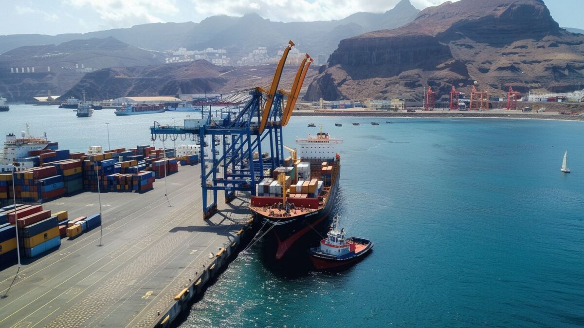 A cargo ship docked at a bustling port in Gran Canaria.