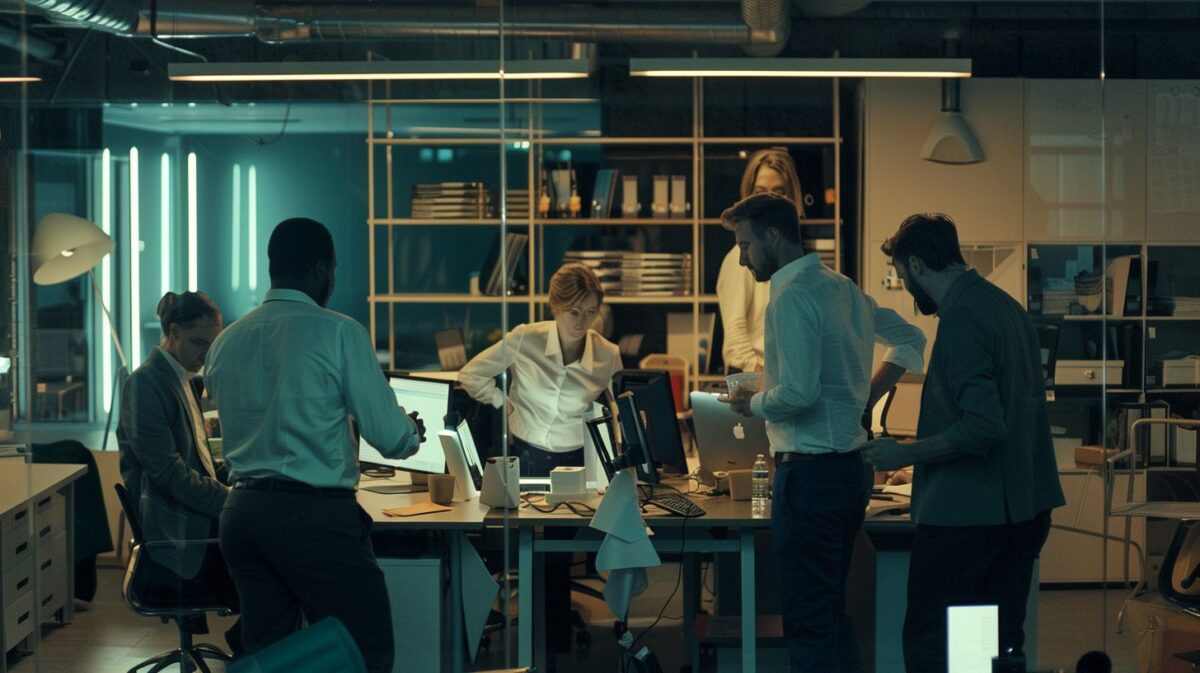 A diverse group of professionals discussing business plans in a cluttered office.