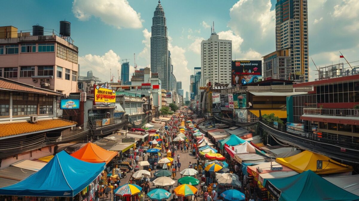 A diverse cityscape with bustling street markets and modern skyscrapers.