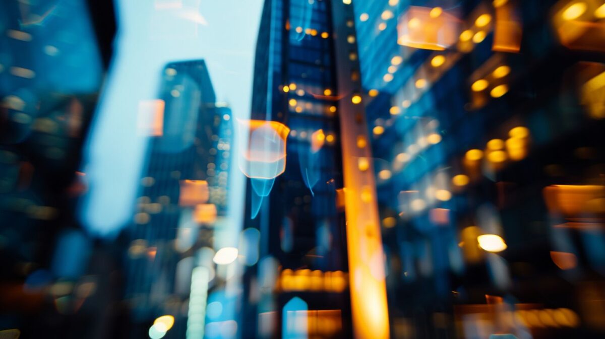 Promotion of obtaining a crypto license with a blurred business center image.