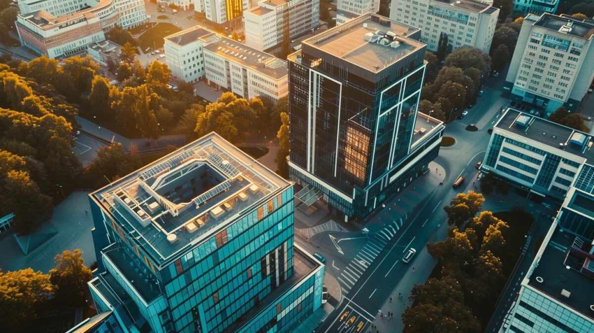 Aerial photo of modern business district in Lithuania showcases professional environment.