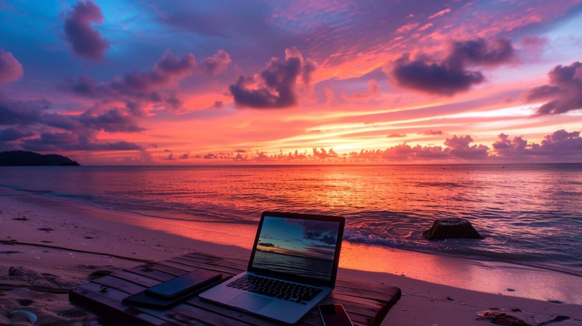 Electronics on beach desk at tropical sunset.