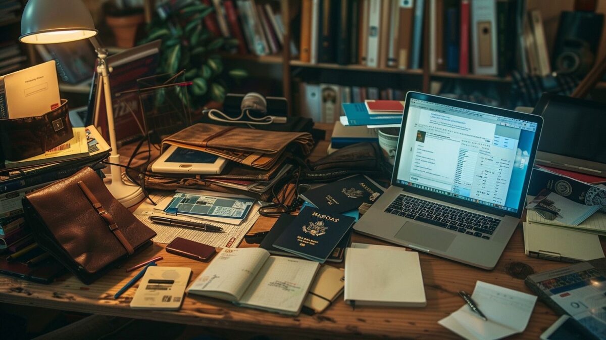 A cluttered desk with passports, laptops, and travel guides.