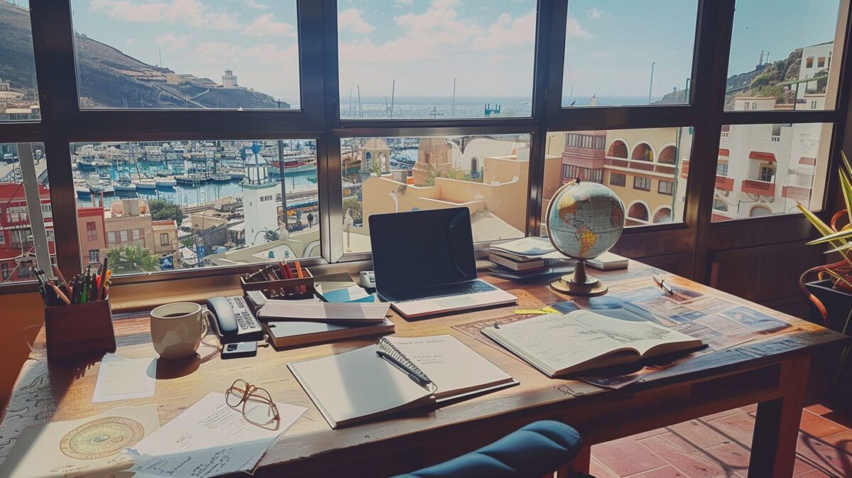 A rustic office desk in Gran Canaria with a view of the bustling port in the background.