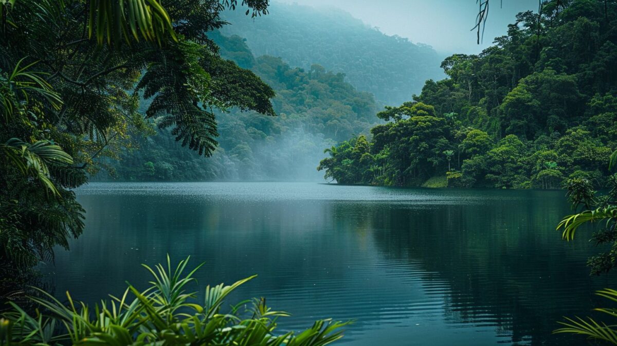 A lakeside scene with lush greenery captured in cinematic color.