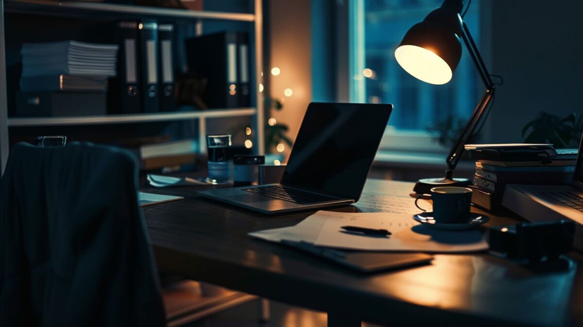 A modern office desk in Estonia with a laptop and business documents.