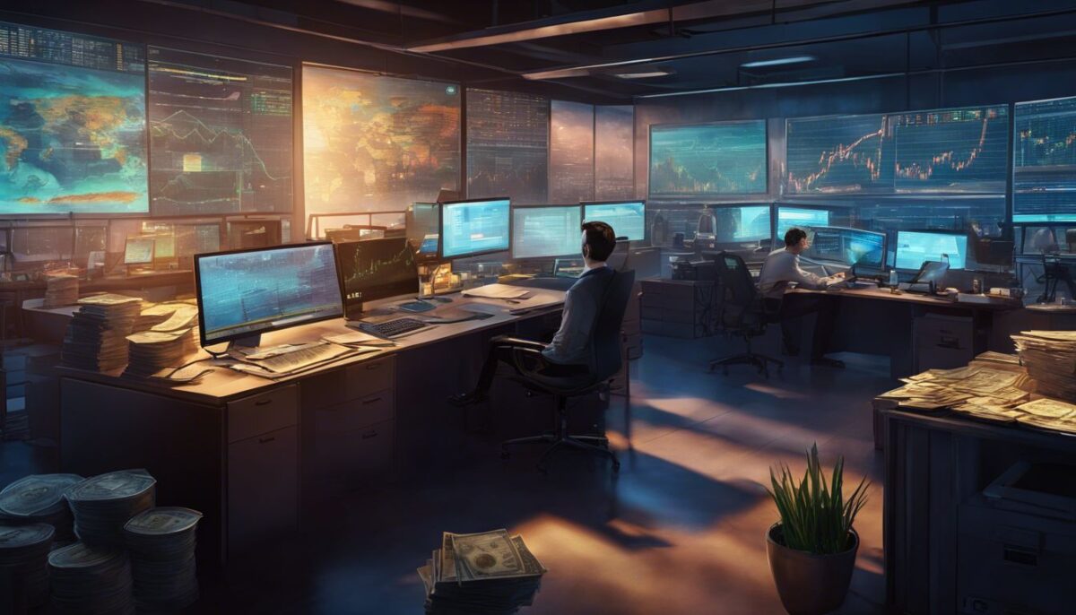 A cluttered offshore office space with digital currency charts and paperwork.