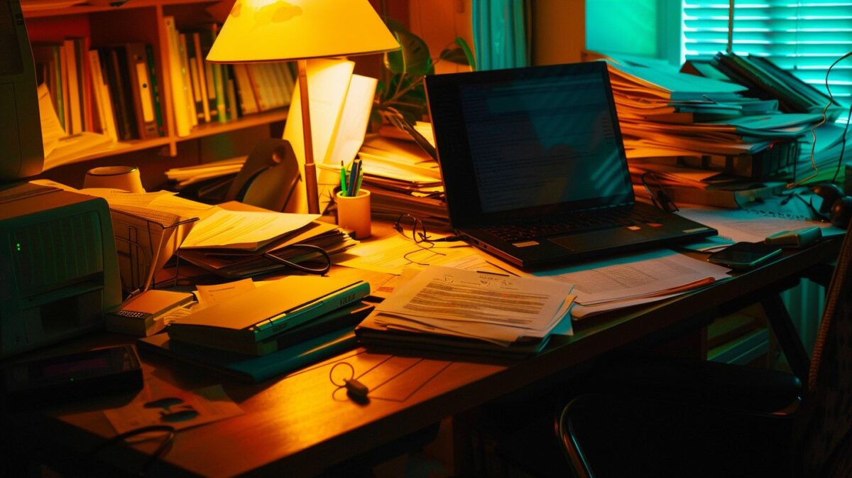 A cluttered office desk with paperwork, laptop, and legal documents.