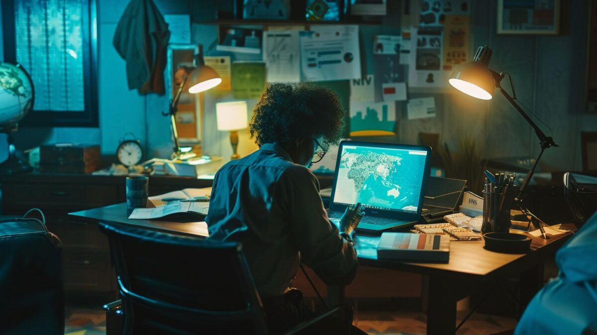 Person researching offshore banking on cluttered desk in dimly lit room.