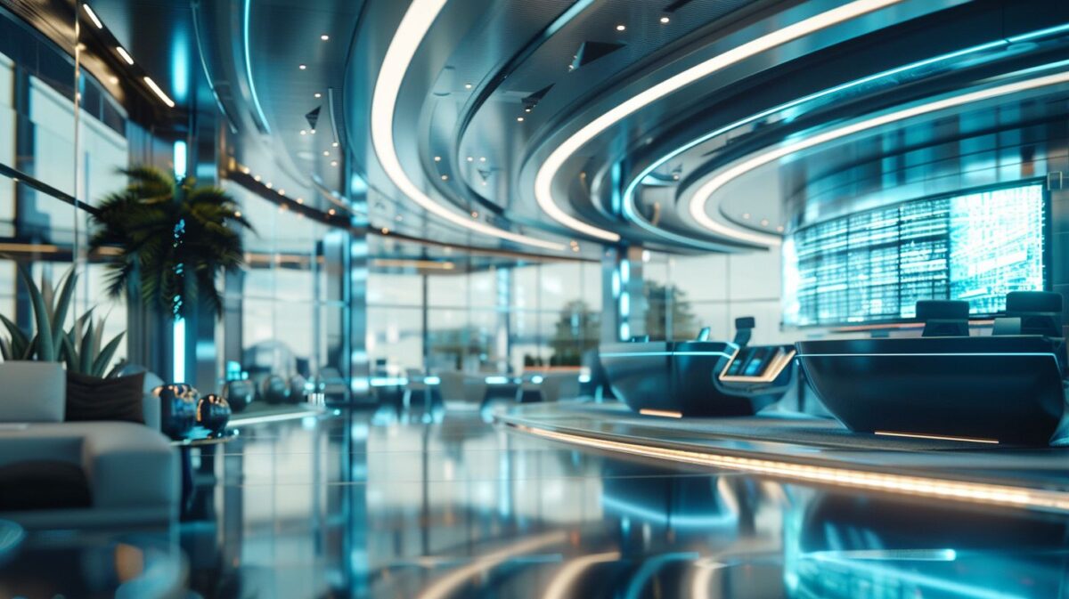 A futuristic AI technology in an offshore banking and finance office.