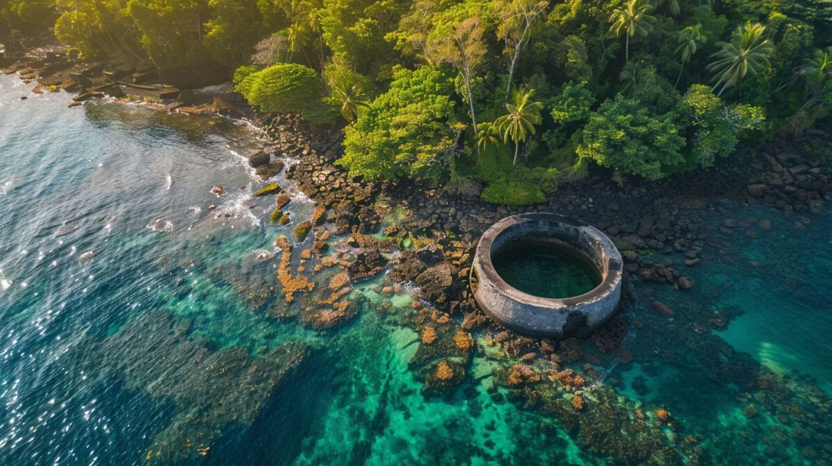 An offshore vault nestled in a tropical island cove captured by a drone.