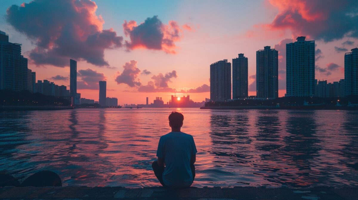A serene sunset over an offshore financial district captured in wide-angle.