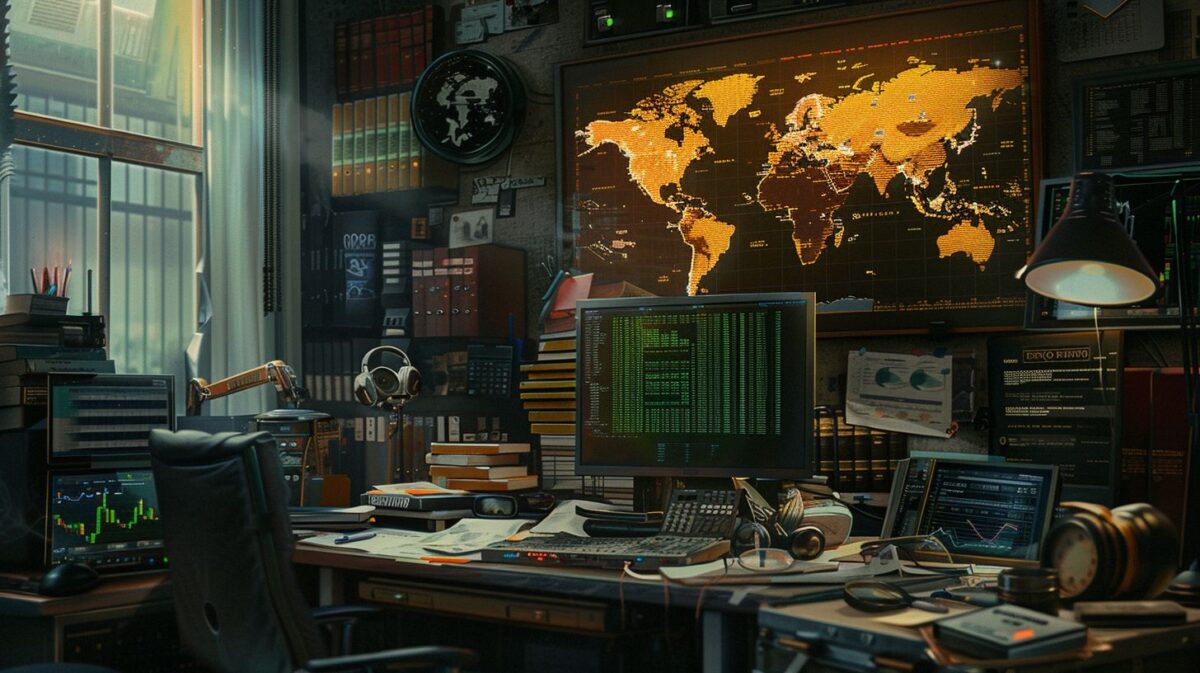 A cluttered desk with world map, cryptocurrency books, and trading charts.