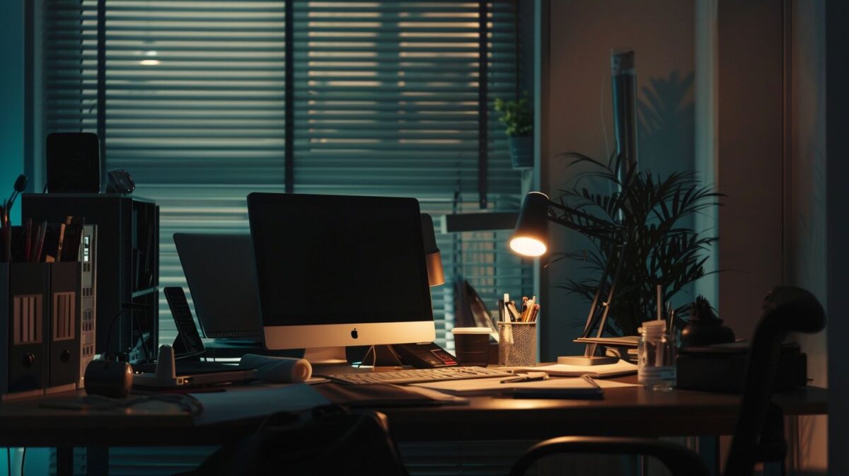 Modern office setup in Estonia with digital devices and business documents.