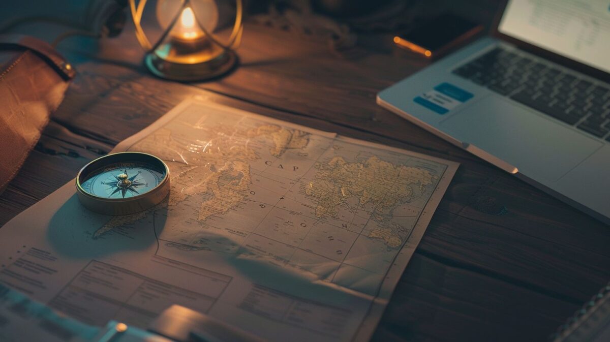 A compass, map, and business documents in an office setting.