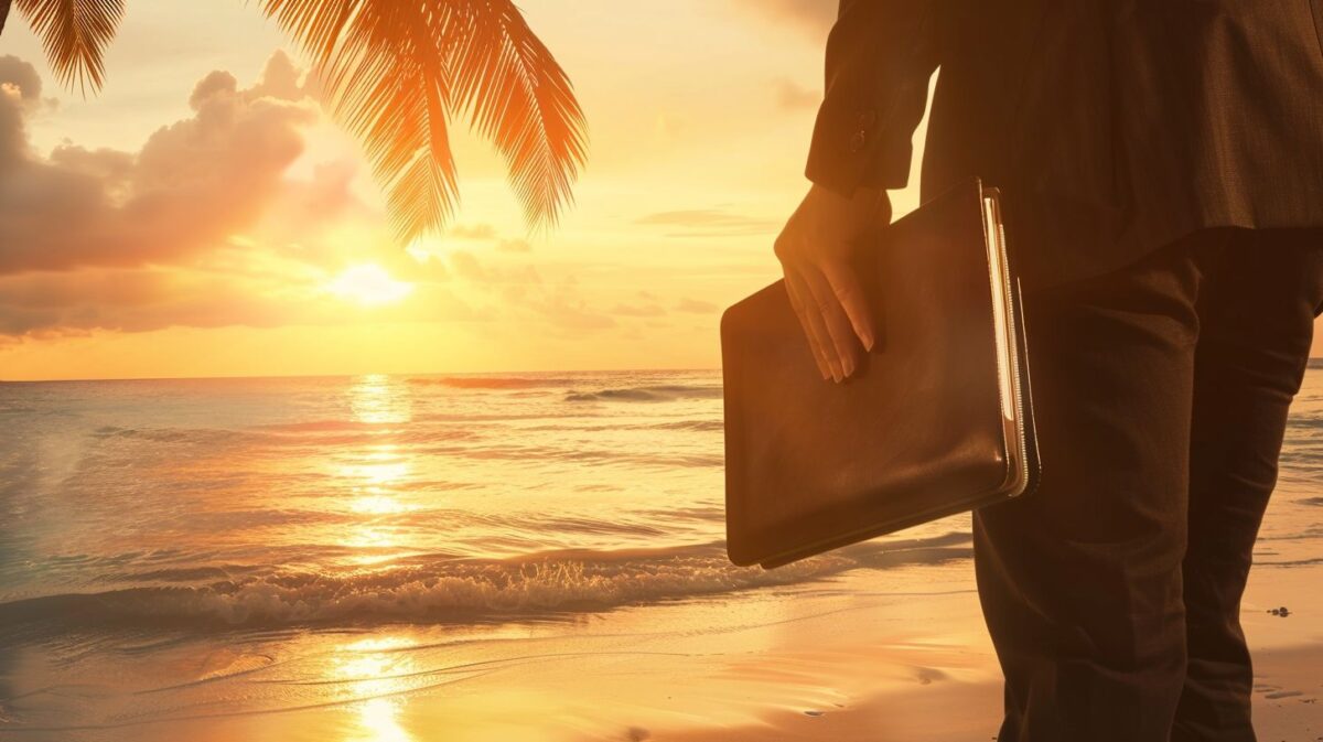 A person overlooking a tranquil beach scene with passport and financial documents.