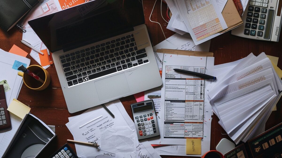 A cluttered desk with paperwork, a laptop, legal documents, and a calculator.