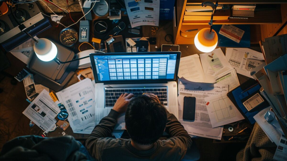 A person in their 30s navigating cryptocurrency licenses on a cluttered desk.