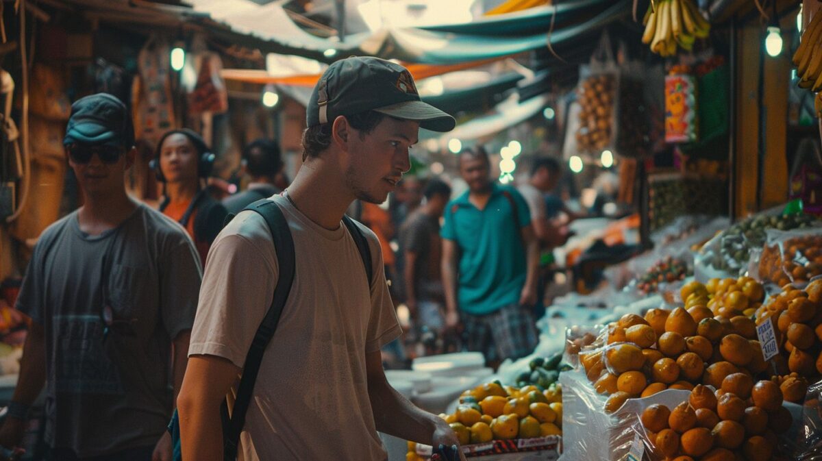 Digital nomads networking in a lively local market captured with a wide-angle lens.