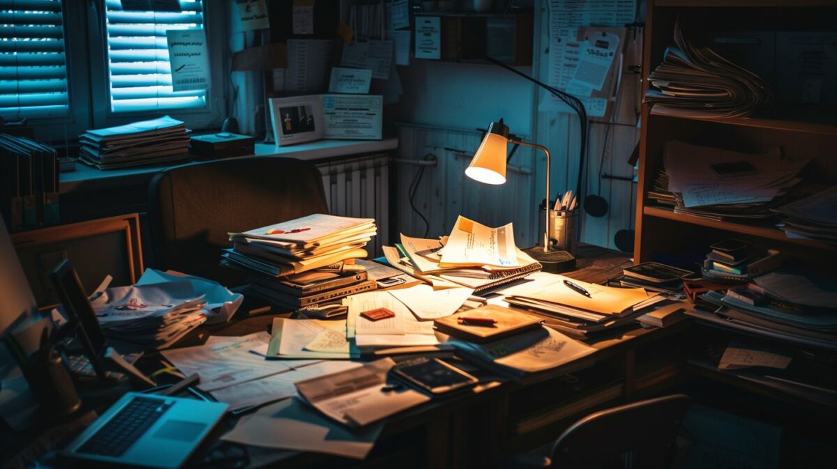 A cluttered desk with tax forms, financial documents, and legal papers.