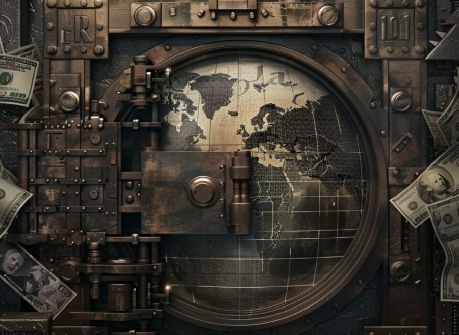 An offshore trust depicted through a secure vault surrounded by global currencies. flexibility and asset protection