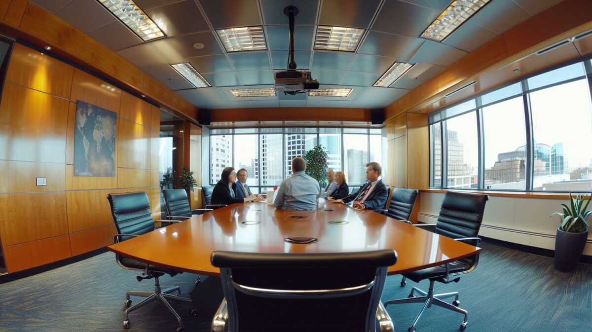 Corporate executives discussing tax strategies in a modern boardroom.