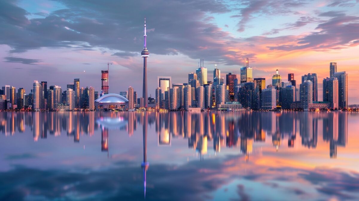 City skyline at dusk, depicting global economic shifts.