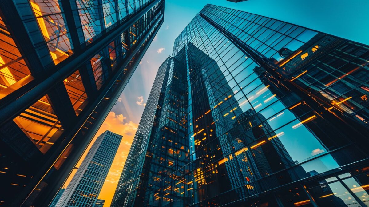 A modern office building with cityscape in a wide-angle shot.