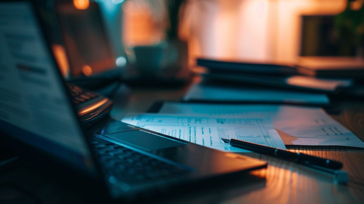 Cluttered desk with legal documents, laptop, and pen.