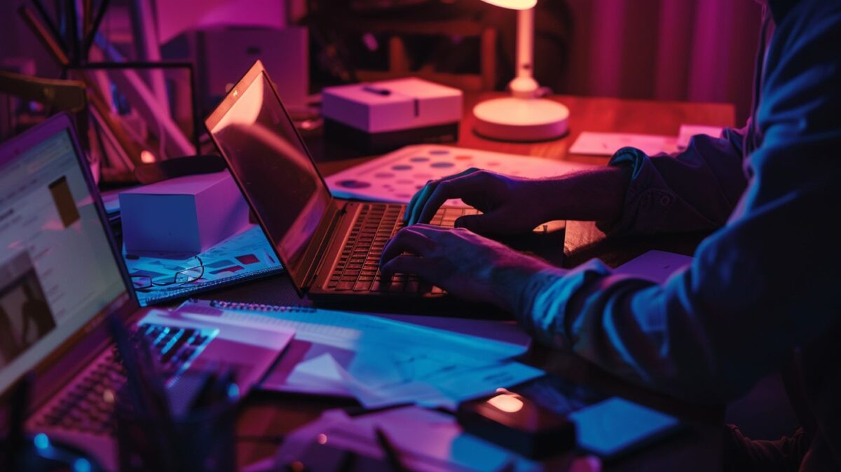 A person in Dubai researching crypto license requirements on a cluttered desk.