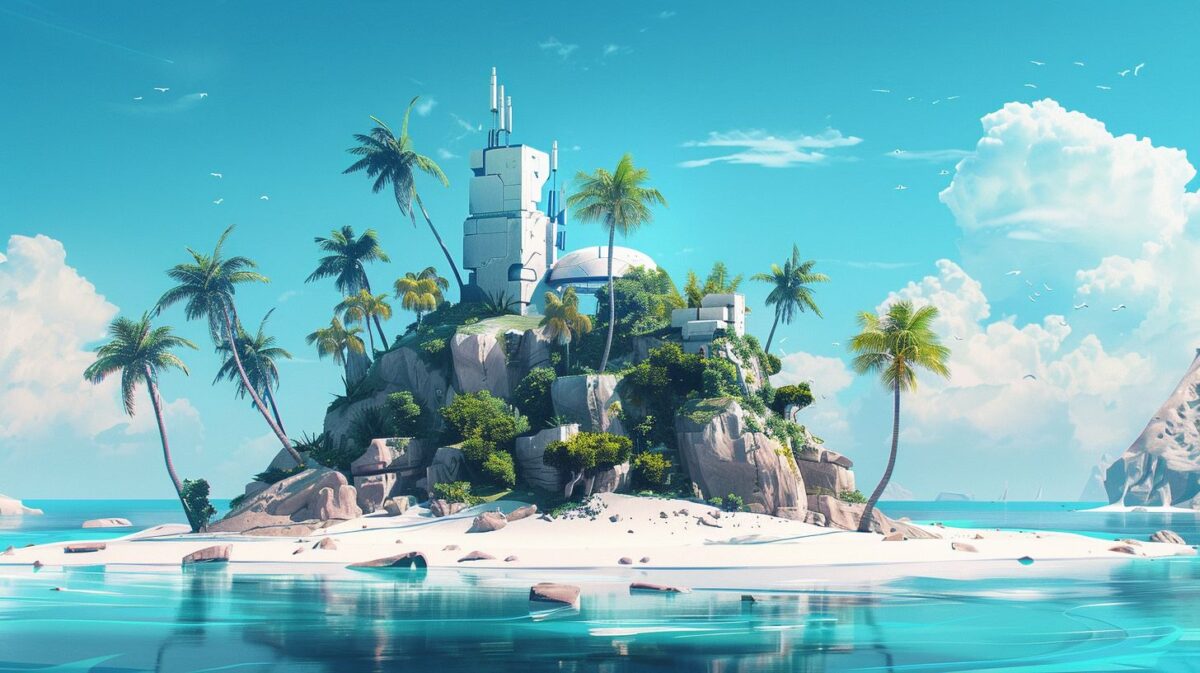 A tropical island with a secure vault and futuristic security measures.