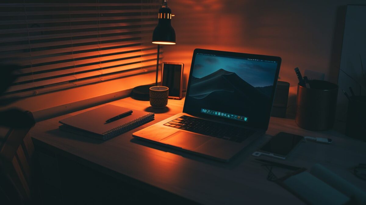 A minimalist home office desk setup with laptop, notebook, and decor.