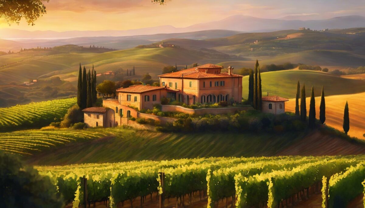 A rustic Italian villa in Tuscany with terracotta roofs and vineyards.