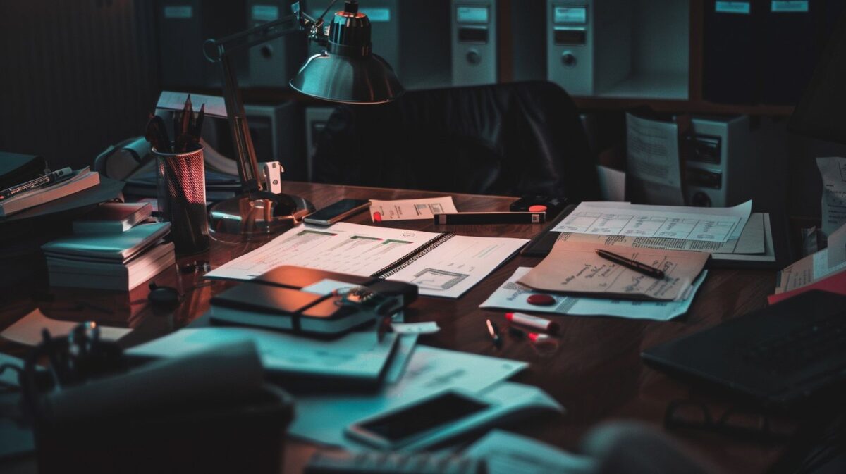 A cluttered desk in a dimly lit office space with legal and blockchain documents.