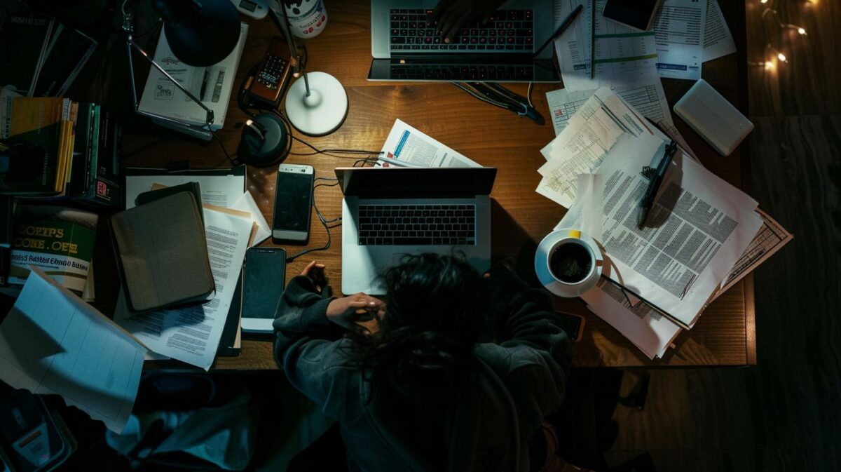A person sitting at a cluttered desk with a laptop and paperwork.