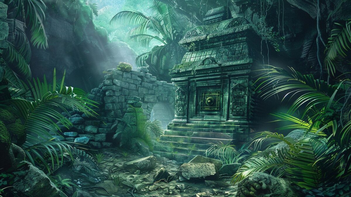 A safe deposit box in a tropical cave guarded by a dragon.