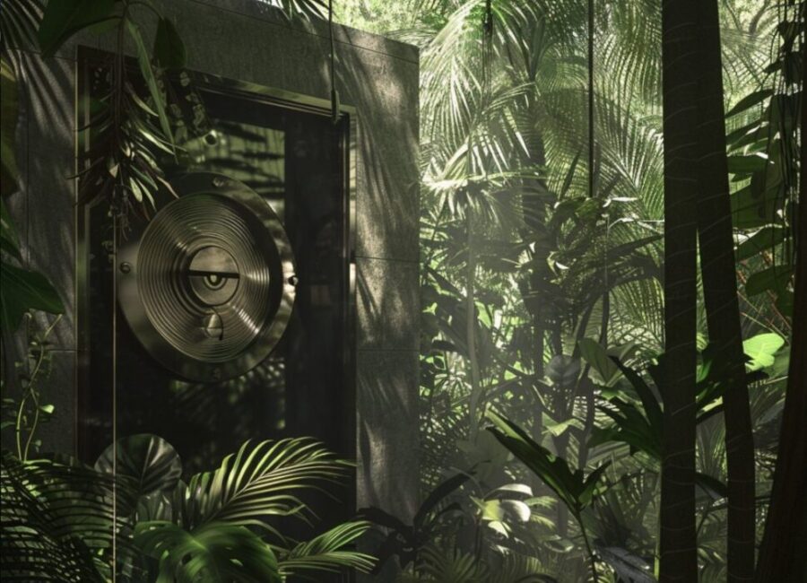 A bank vault surrounded by lush tropical scenery in a bustling atmosphere. offshore trust jurisdictions