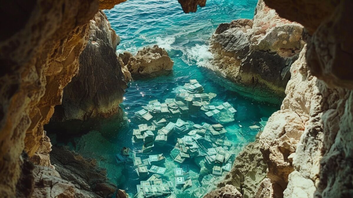 Drone photo of money pile in tropical island cave.