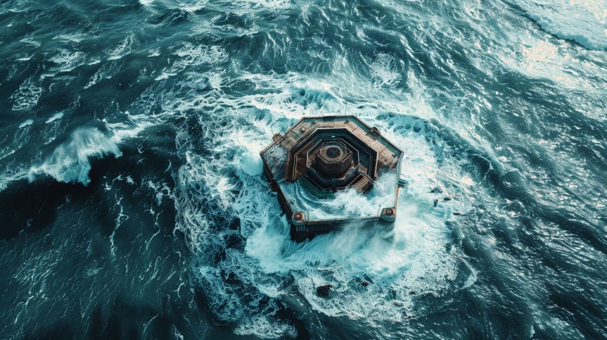 A futuristic offshore bank surrounded by turbulent ocean waves.