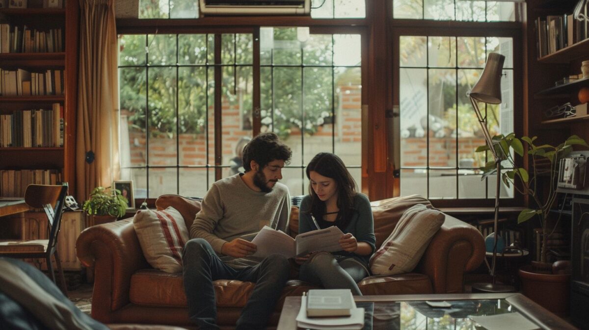 An expat couple reviews tax documents in a cozy Paraguayan home.