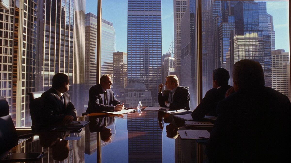Corporate executives in a boardroom discuss offshore tax avoidance.