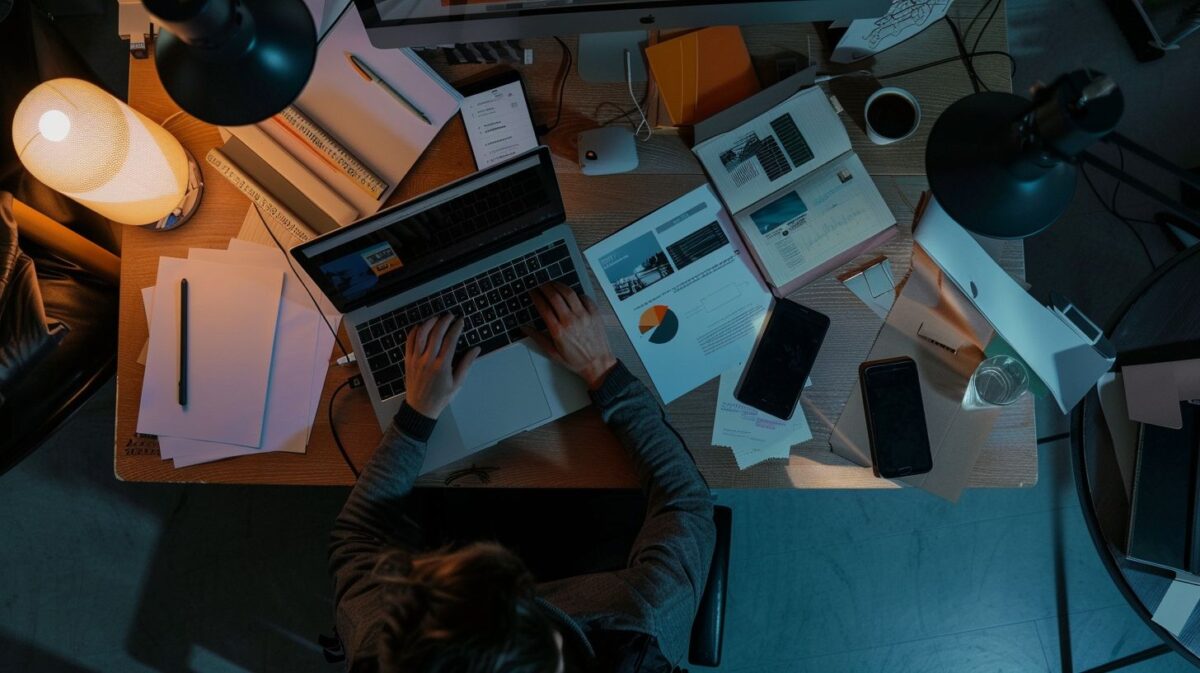 A person in their thirties is seen working at a messy desk.