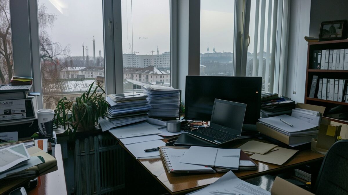 A cluttered office desk in Lithuania with paperwork, laptop, and coffee.