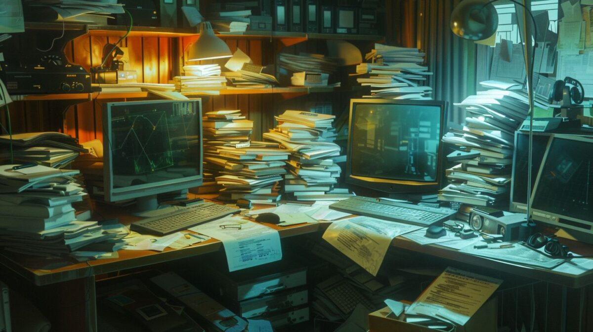 A cluttered desk with cryptocurrency regulations paperwork and outdated monitors.