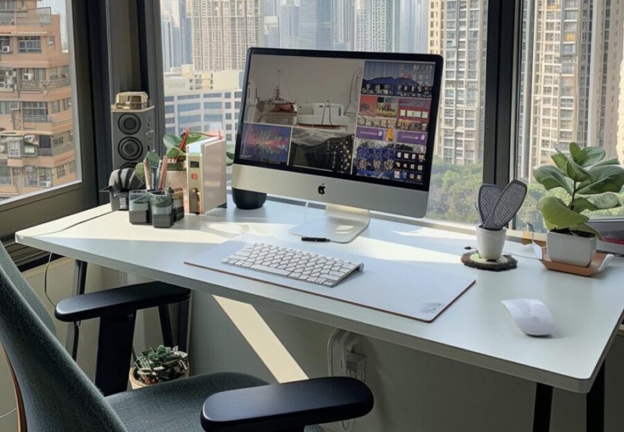 remote worker's organized workspace in foreign city, no people present