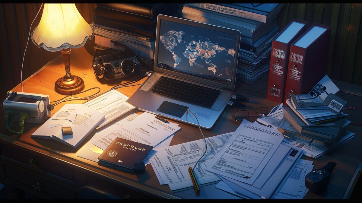 A cluttered desk with travel documents and a laptop.