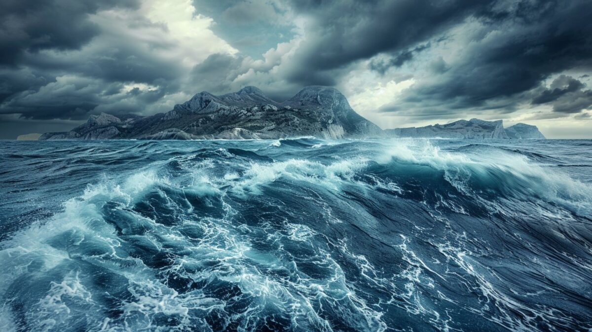 A stormy offshore island with dramatic seas and a wide-angle view.