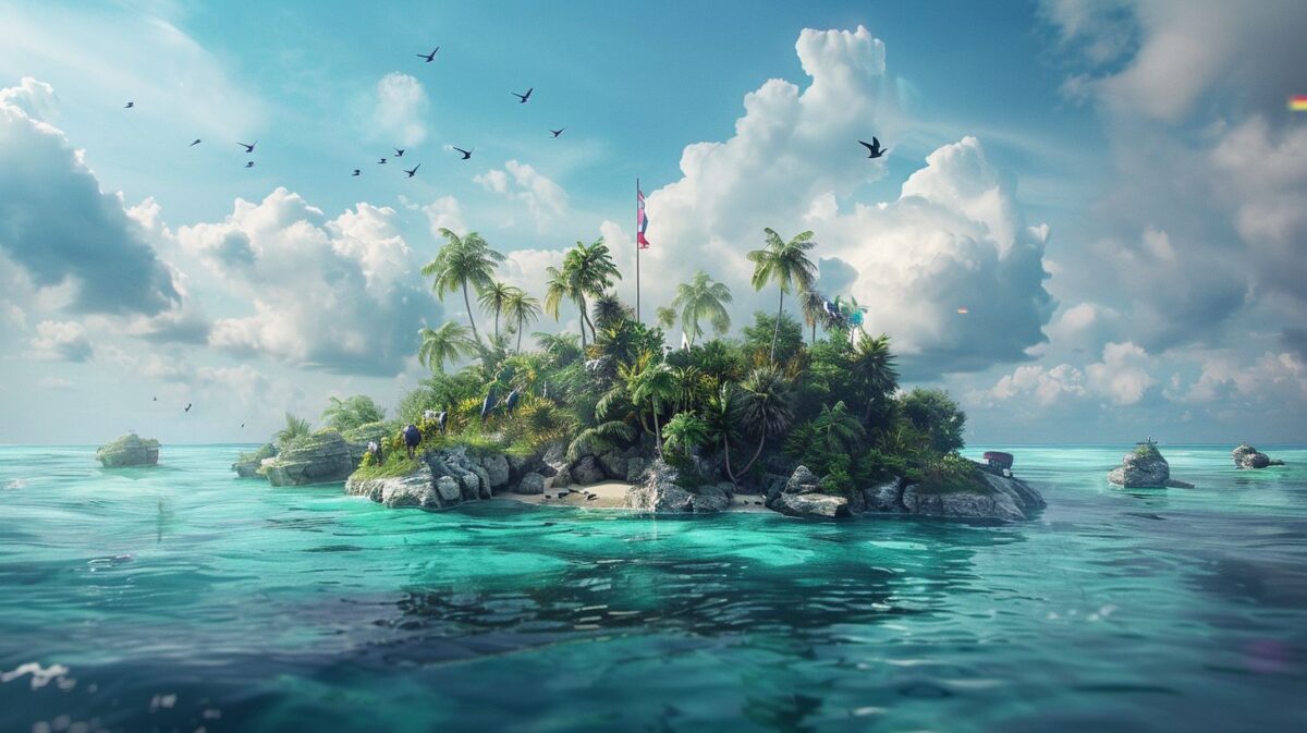 A tropical island displaying offshore jurisdiction flags in a digital-art style.