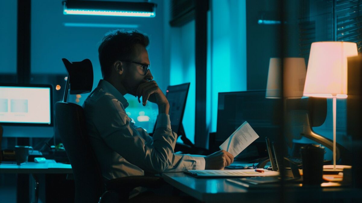 A person browsing offshore banking services brochures at a desk.